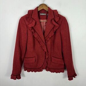 Liz Claiborne Wool Blazer Womens 6 Red Ruffle Trim Career Romantic Academia Prep
